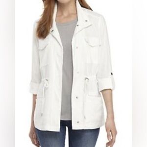 New Directions Off White Linen Blend Utility Jacket with Roll-Up Sleeves